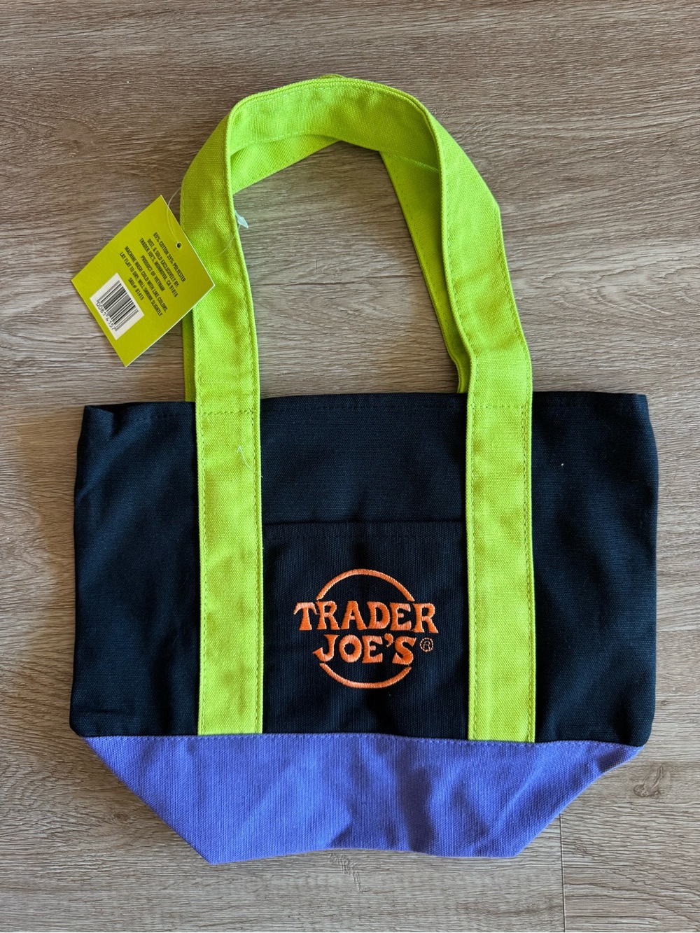 Black Tote Bag with Lime Handles and Purple Base
